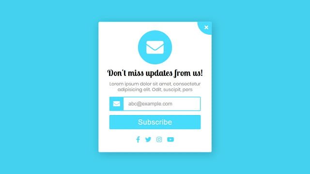 Popup Subscription Form using HTML CSS and Javascript Popup Subscription Form using HTML CSS and Javascript